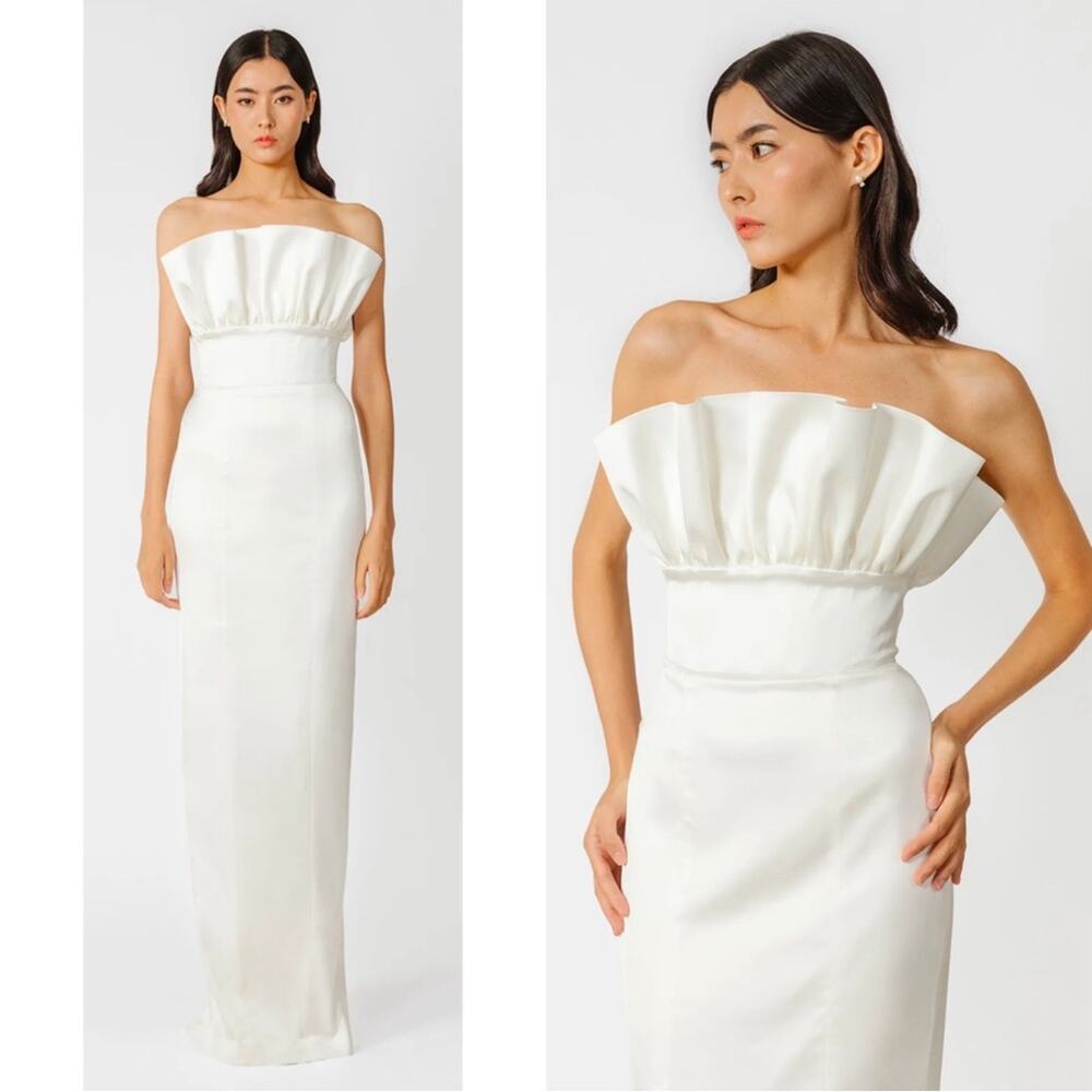 SAU LEE Noah Strapless Ruffle Satin White Fitted Pencil Maxi Dress Size 6